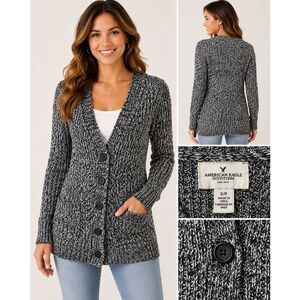 American Eagle S Black White Marled Button Cardigan